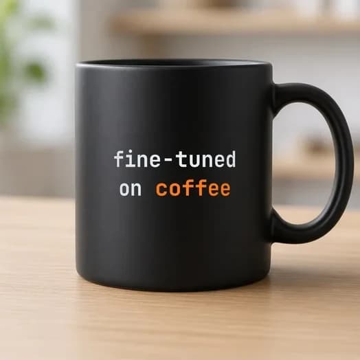 Black glossy mug that reads fine-tuned on coffee