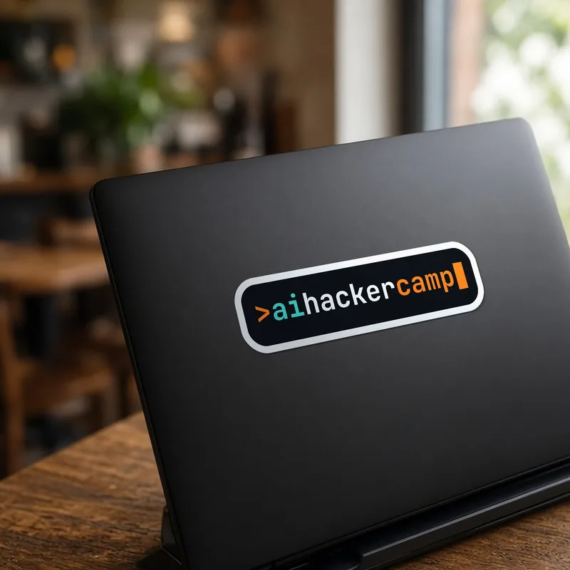 Die-cut aihackercamp wordmark sticker on a laptop