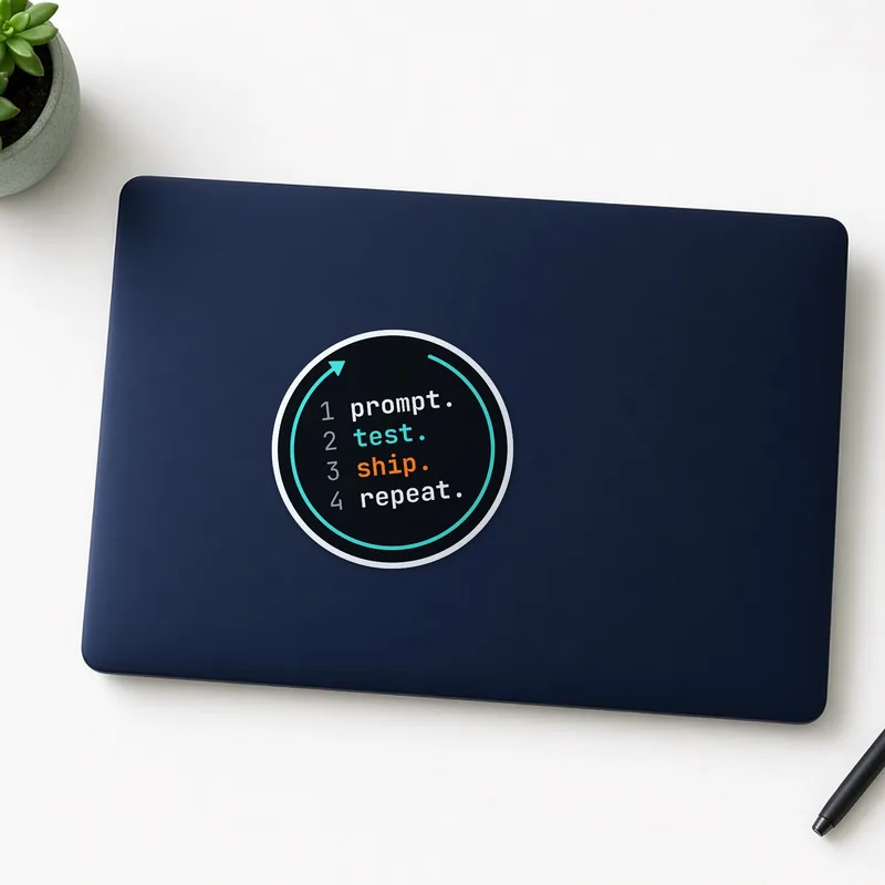 Round prompt, test, ship, repeat sticker on a laptop