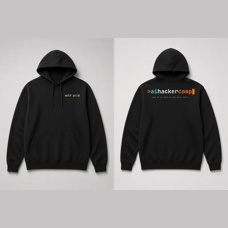 Black hoodie, small left chest print on the front and the aihackercamp wordmark on the back