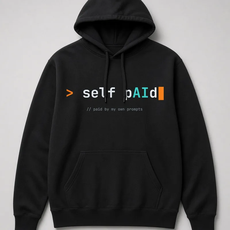 Black hoodie with a > self pAId terminal prompt across the chest