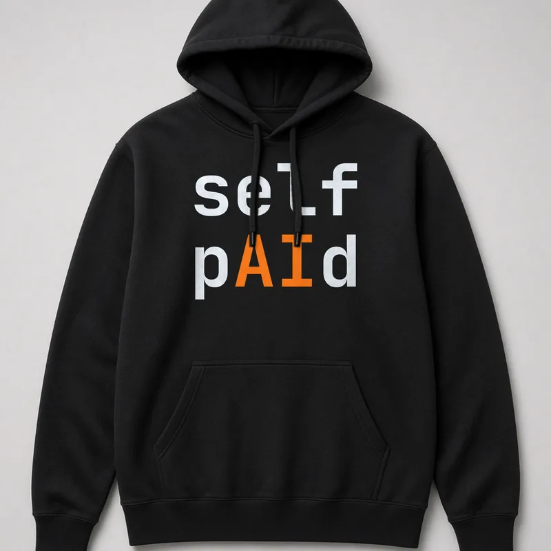 Black hoodie with self pAId stacked across the chest
