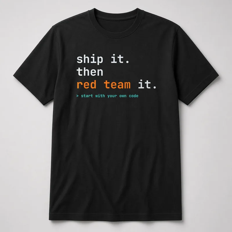 Black tee that reads ship it. then red team it.